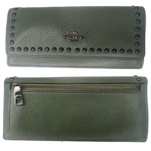 Coqch Lacquer Rivet Enamel Studded Olive Green Full-Sized Envelope Wallet.